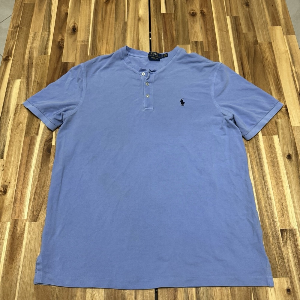 Polo Ralph Lauren Shirt Mens L Blue Henley Featherweight Mesh Blade Collar Pony